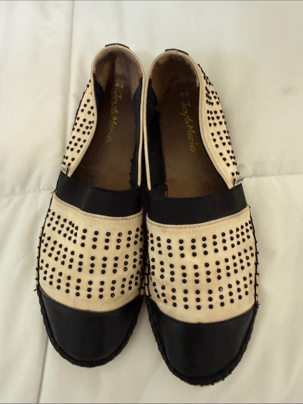 Joy & Mario Women's Black and Cream Studded Slip-On Loafers 8w